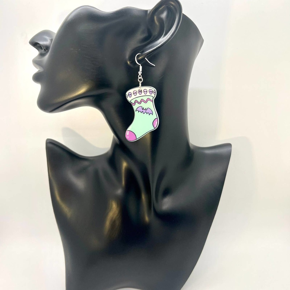 Christmas Earrings - Pastel Blue Halloween Themed Christmas Stocking Earrings - Picture 6 of 7